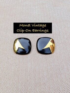 Vintage Monet Black Enamel & Gold Tone Geometric Clip-On Earrings